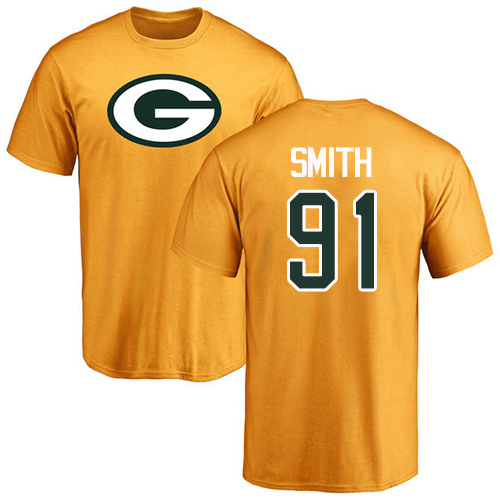 Men Green Bay Packers Gold #91 Smith Preston Name And Number Logo Nike NFL T Shirt